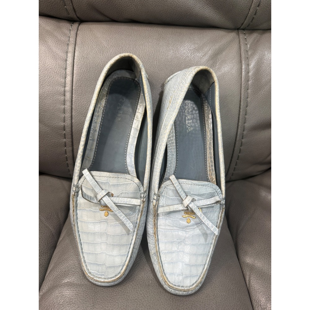 Prada Milano Light Blue Crocodile Embossed Leather Driving Loafers Size40 1D530B